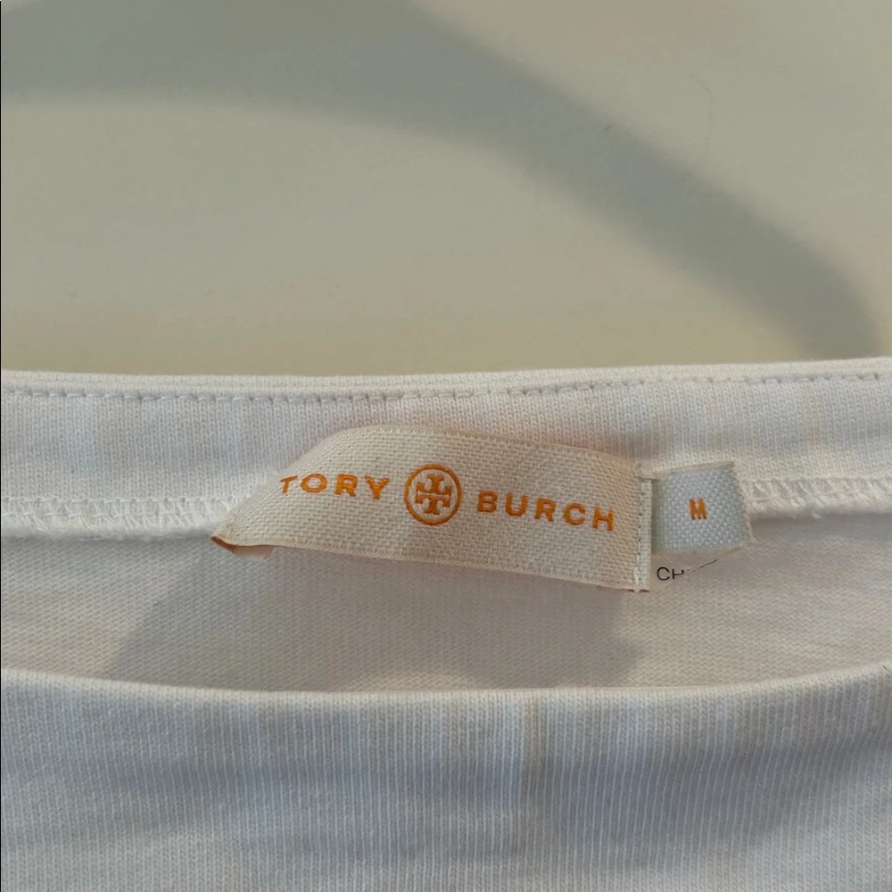 Tory Burch White & Red ribbon Striped “Kendall” boat neck 3/4 sleeves top size M